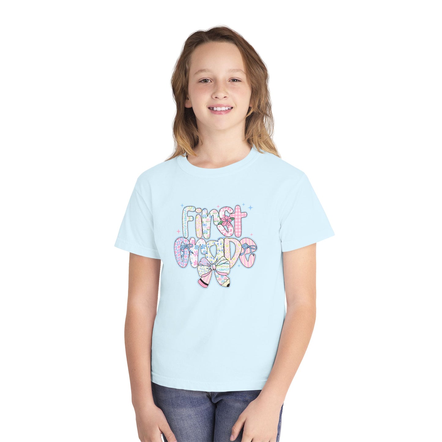 1st Grade Girls Back to School Shirt | Comfort Colors Youth Tee | First Day of School Gift | Pastel Floral First Grade Tee