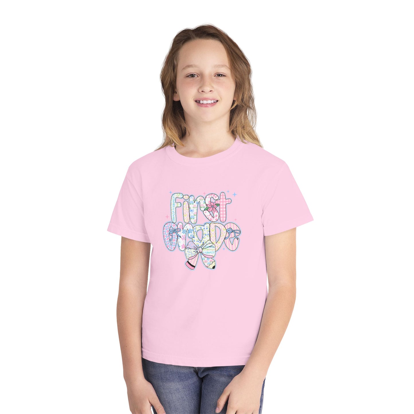 1st Grade Girls Back to School Shirt | Comfort Colors Youth Tee | First Day of School Gift | Pastel Floral First Grade Tee
