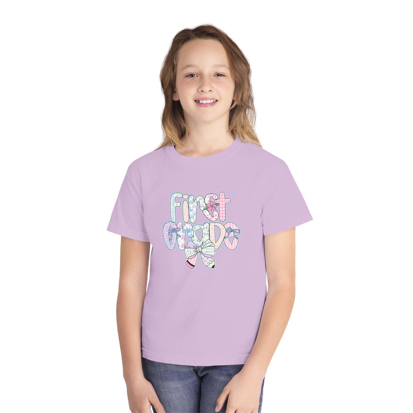 1st Grade Girls Back to School Shirt | Comfort Colors Youth Tee | First Day of School Gift | Pastel Floral First Grade Tee