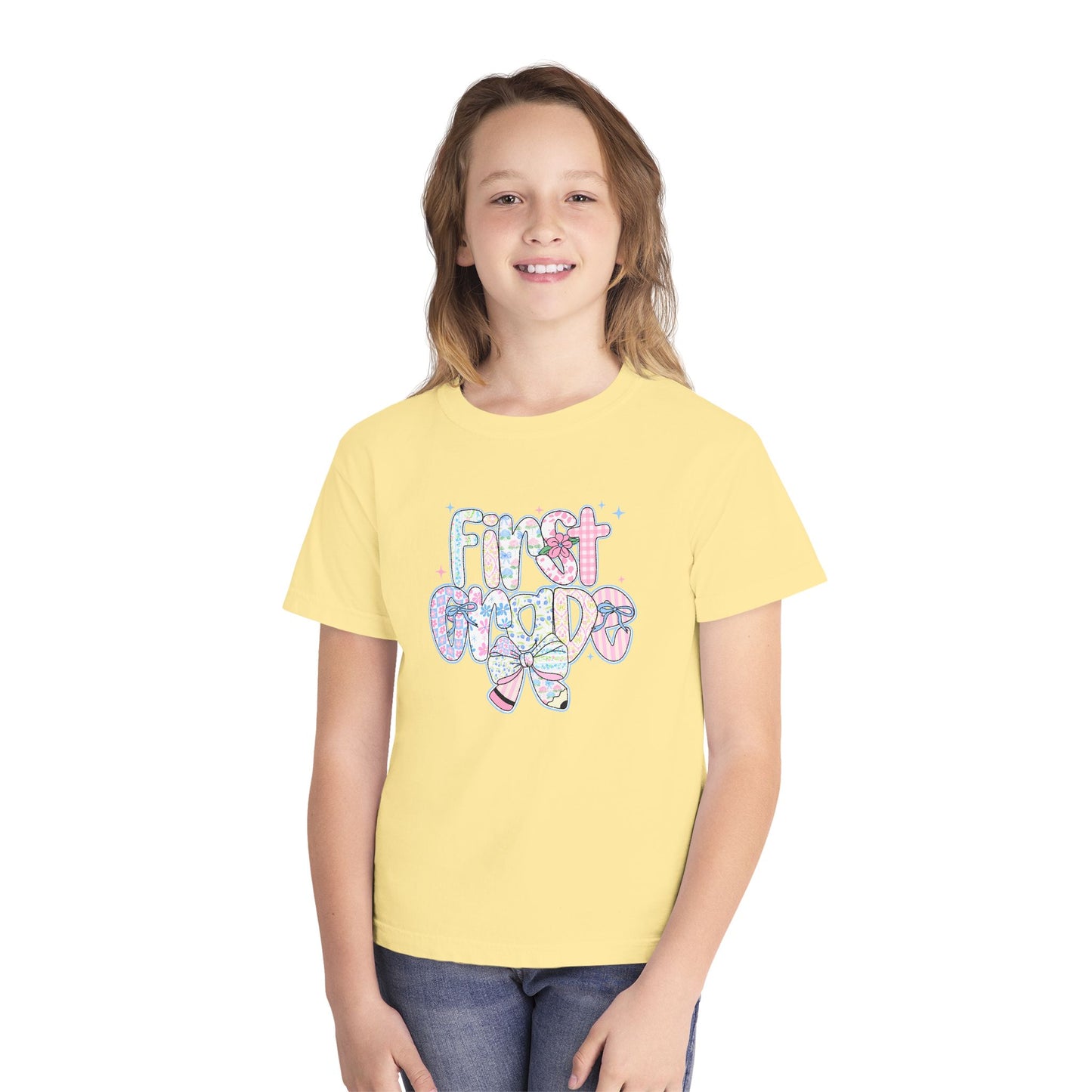 1st Grade Girls Back to School Shirt | Comfort Colors Youth Tee | First Day of School Gift | Pastel Floral First Grade Tee