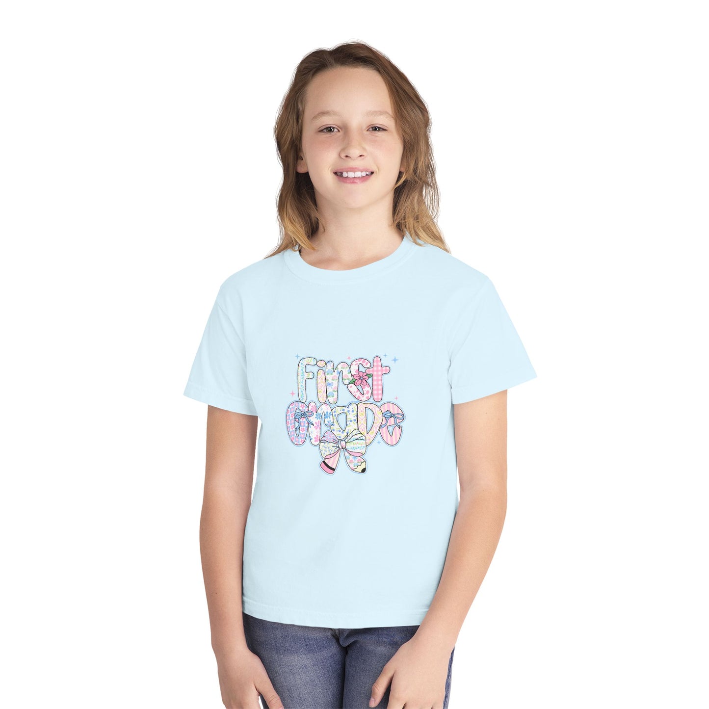 1st Grade Girls Back to School Shirt | Pastel Floral First Day of School Tee | Comfort Colors Youth T-Shirt