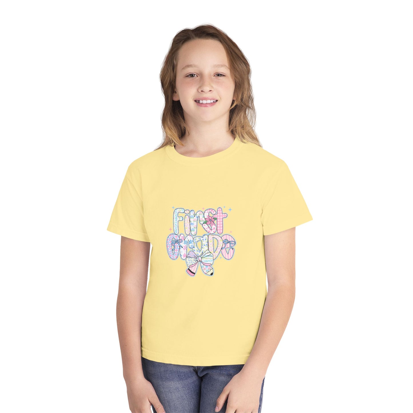 1st Grade Girls Back to School Shirt | Pastel Floral First Day of School Tee | Comfort Colors Youth T-Shirt