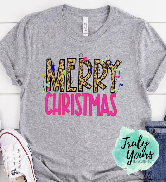 Kids Merry Christmas Leopard with Lights Youth T-Shirt | Merry Christmas Pink | Christmas Gift | Kids Christmas Shirt