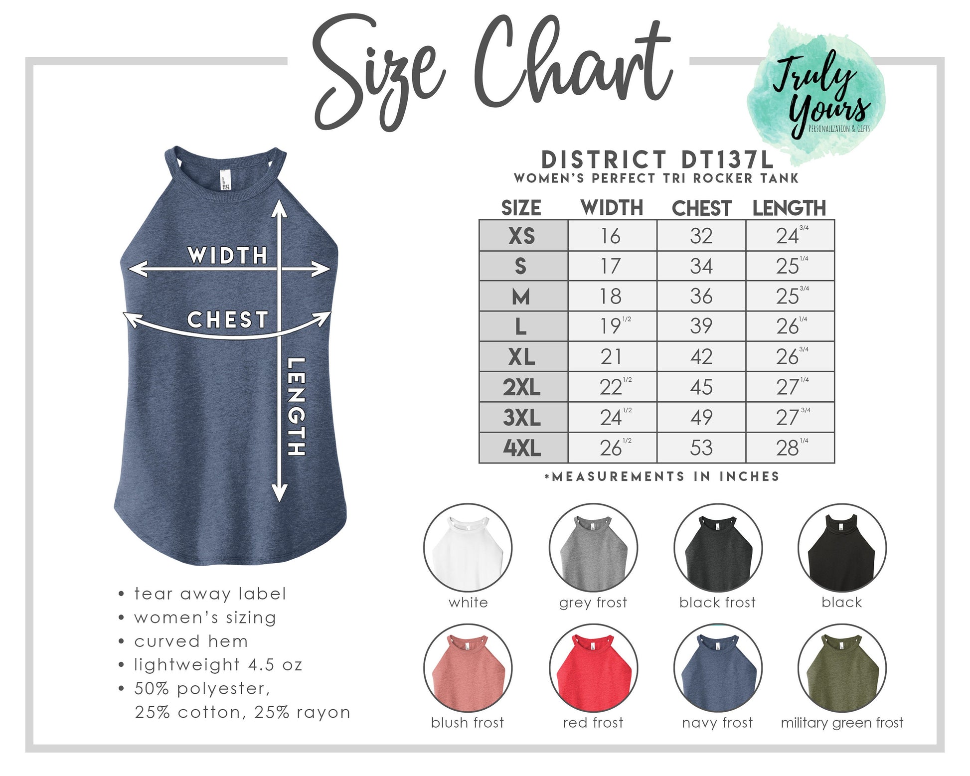 Rocker Tank Color and Size Chart